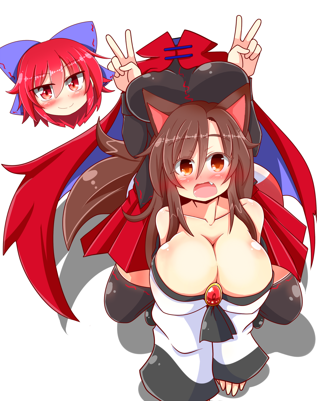 2girls all_fours animal_ears bare_shoulders black_legwear black_shirt blue_bow blush bow breasts brooch brown_hair cape collarbone disembodied_head dress hair_bow high_collar highres imaizumi_kagerou jewelry large_breasts long_sleeves looking_at_viewer multiple_girls off-shoulder_dress off_shoulder open_mouth orange_eyes red_eyes red_skirt redhead riding rindou_(p41neko) sekibanki shirt skirt smile tail thigh-highs touhou wide_sleeves wolf_ears wolf_tail