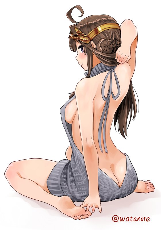 1girl ahoge ass bare_arms bare_back bare_legs bare_shoulders barefoot brown_hair butt_crack double_bun hairband headgear kantai_collection kongou_(kantai_collection) long_hair simple_background sitting smile solo sweater sweater_dress twitter_username violet_eyes virgin_killer_sweater wariza watanore white_background