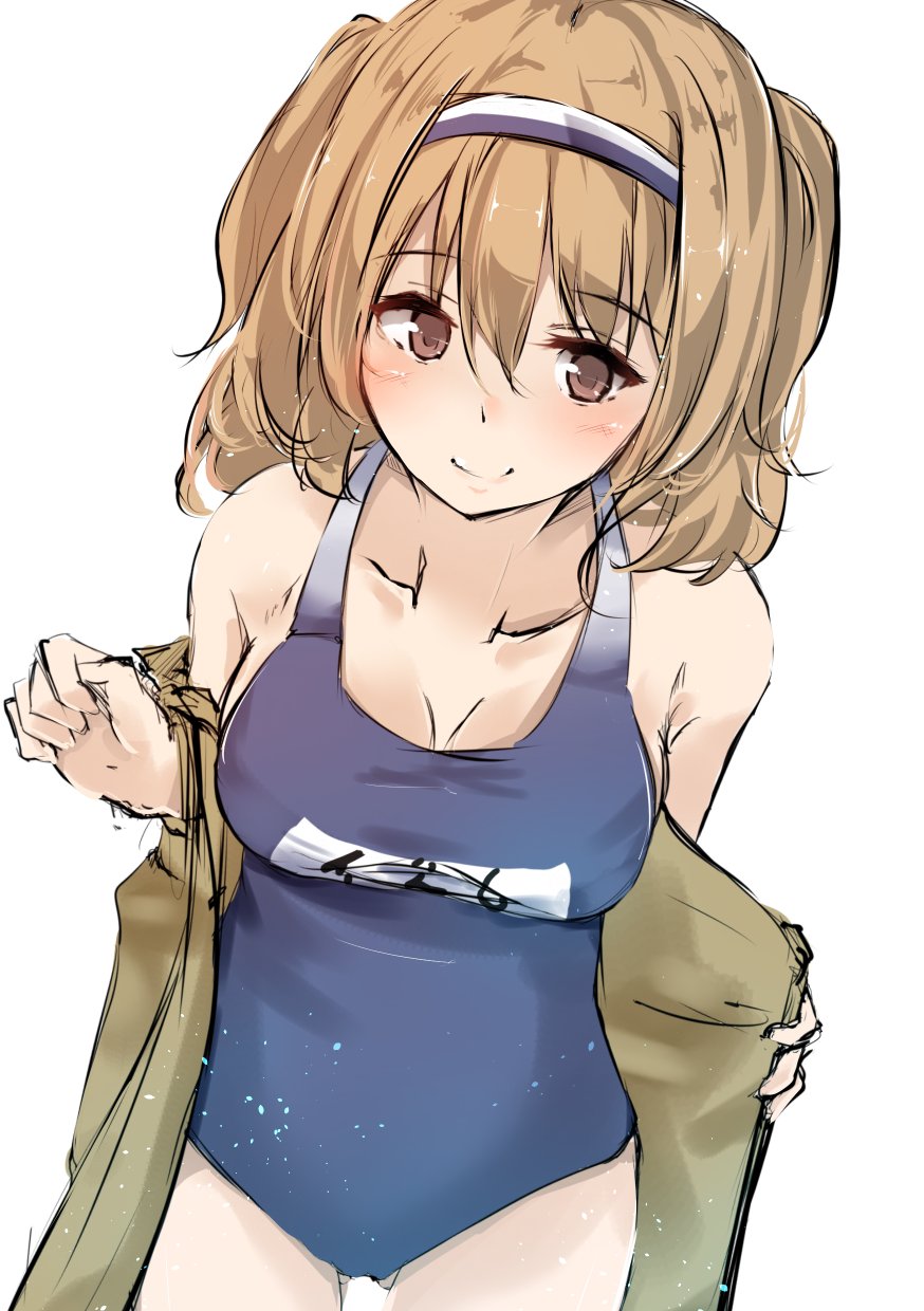 1girl bare_shoulders breasts cleavage hairband highres i-26_(kantai_collection) kantai_collection light_brown_eyes light_brown_hair long_hair new_school_swimsuit one-piece_swimsuit school_swimsuit shirotaso0818 short_sleeves sketch smile solo swimsuit thigh_gap two-tone_hairband two_side_up undressing white_background