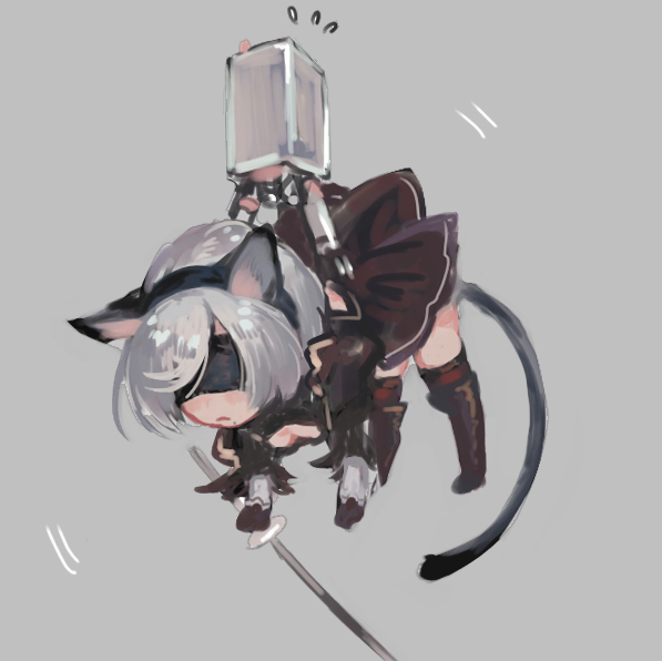 1girl animal_ears black_dress black_hairband blindfold boots carrying cat_ears cat_tail chibi cleavage_cutout commentary_request dress feather-trimmed_sleeves hairband kemonomimi_mode long_sleeves nier_(series) nier_automata pod_(nier_automata) silver_hair sweatdrop sword tail thigh-highs thigh_boots weapon yaku_(ziroken) yorha_no._2_type_b