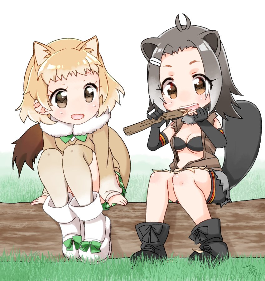 2girls beaver_ears beaver_tail bike_shorts bikini_top biting black-tailed_prairie_dog_(kemono_friends) blush boots breasts brown_eyes elbow_gloves full_body fur_collar gloves gradient_hair grass grey_hair jacket kemono_friends light_brown_hair log long_sleeves multicolored_hair multiple_girls nature navel north_american_beaver_(kemono_friends) open_clothes open_jacket open_mouth outdoors plastic prairie_dog_ears prairie_dog_tail short_hair shorts simple_background sitting skirt smile sweater_vest torn_clothes under_boob white_background wood