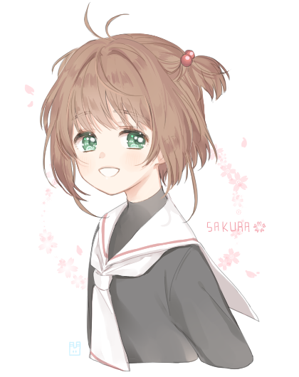 1girl ahoge antenna_hair blush brown_hair card_captor_sakura green_eyes kinomoto_sakura looking_at_viewer marin_(myuy_3) open_mouth school_uniform short_hair smile solo white_background