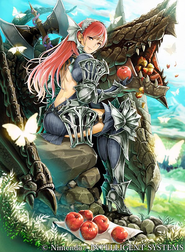 apple armor axe backless_outfit battle_axe boots breastplate butterfly company_connection copyright_name daigoman dragon fire_emblem fire_emblem:_kakusei fire_emblem_cipher food fruit garter_straps gauntlets holding long_hair looking_at_viewer looking_back minerva_(fire_emblem:_kakusei) official_art outdoors pauldrons pink_hair red_eyes serge_(fire_emblem) sharp_teeth sitting smile teeth thigh-highs thigh_boots weapon wyvern zettai_ryouiki