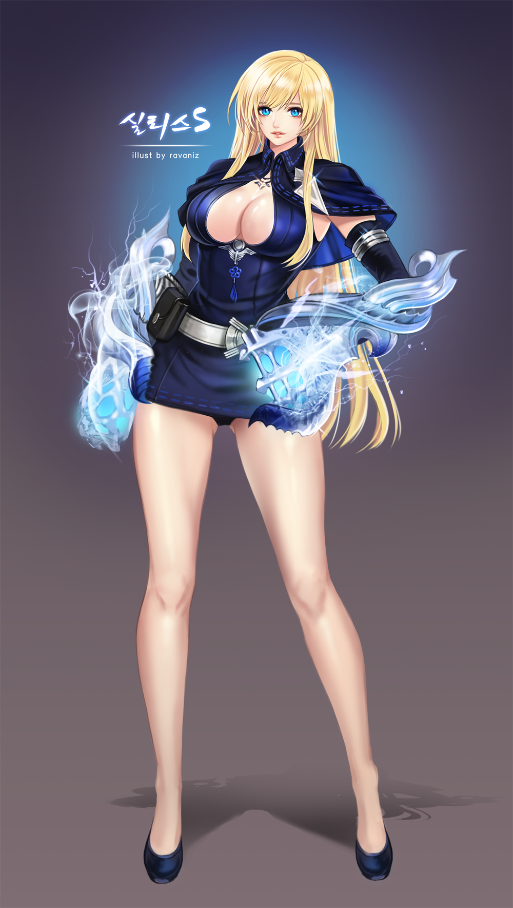 1girl artist_name belt black_panties blade_&amp;_soul blonde_hair blue_eyes breasts capelet center_opening contrapposto dress full_body hand_on_hip highres large_breasts legs lips long_hair looking_at_viewer panties parted_lips pouch ravaniz short_dress standing underwear very_long_hair