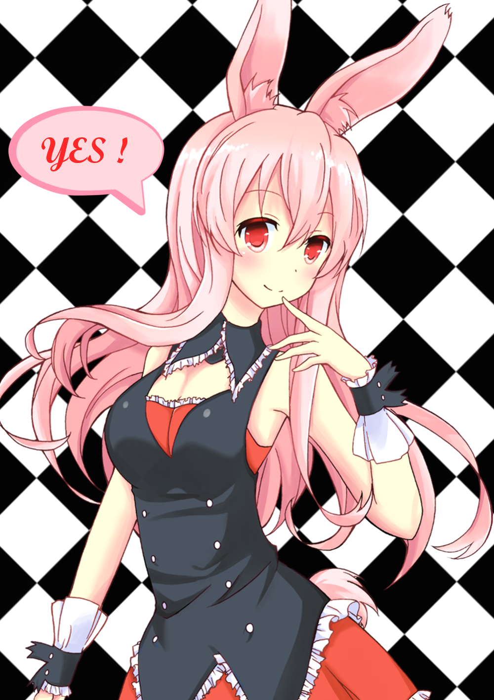 1girl animal_ears blush breasts bunny_girl bunny_tail cleavage english highres kurousagi_(mondaiji) large_breasts long_hair looking_at_viewer mondaiji-tachi_ga_isekai_kara_kuru_sou_desu_yo? pink_hair pleated_skirt rabbit_ears red_eyes skirt smile solo speech_bubble tail wrist_cuffs yes