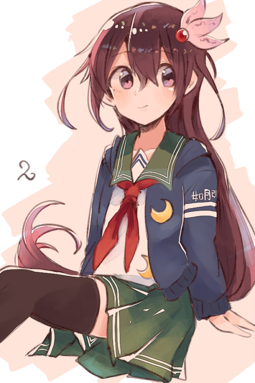 1girl black_legwear blue_jacket brown_eyes brown_hair crescent crescent_moon_pin green_skirt itomugi-kun jacket kantai_collection kisaragi_(kantai_collection) long_hair neckerchief pleated_skirt red_neckerchief school_uniform serafuku sitting skirt smile solo thigh-highs