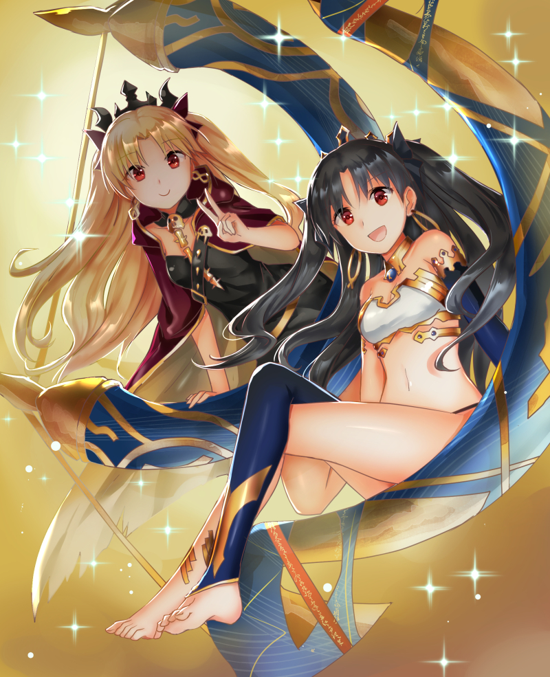 2girls :d alle_gro arm_warmers bangs barefoot black_hair breasts c: cloak closed_mouth ereshkigal_(fate/grand_order) eyebrows_visible_through_hair fate/grand_order fate_(series) feet floating_hair ishtar_(fate/grand_order) legs_crossed long_hair looking_at_viewer medium_breasts mismatched_legwear multiple_girls navel open_mouth parted_bangs red_eyes revealing_clothes sitting small_breasts smile thighs tiara toes tohsaka_rin two_side_up v wavy_hair