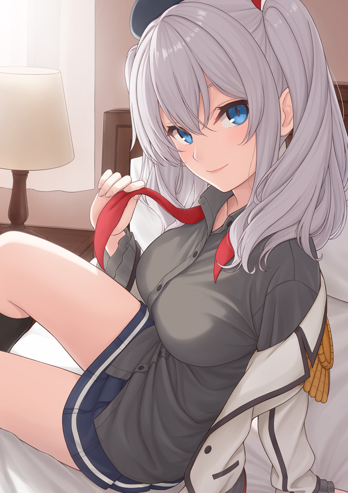 1girl bedroom blue_eyes breasts epaulettes frilled_sleeves frills gloves indoors kantai_collection kashima_(kantai_collection) large_breasts light_smile lips looking_at_viewer military military_uniform miniskirt nananichi neckerchief on_bed pleated_skirt sidelocks silver_hair sitting sitting_on_bed skirt tsurime twintails uniform wavy_hair white_gloves