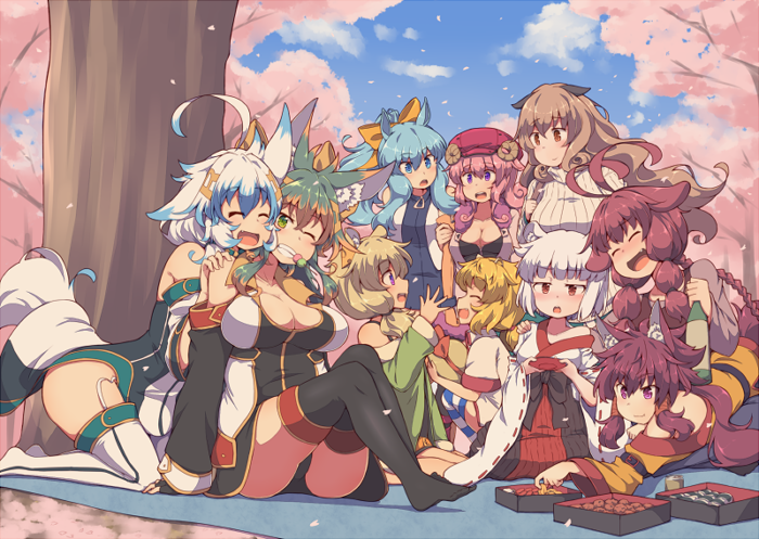 6+girls animal_ears blonde_hair blue_eyes blue_hair breasts brown_hair cleavage closed_eyes green_eyes hat horns inukami_shino inumiya_shiho kiyomiya_hikari kuromiya kuromiya_raika kuzakura_mika large_breasts long_hair manakashi_akane multicolored_hair multiple_girls one_eye_closed open_mouth original pink_hair red_eyes shiromiya_asuka short_hair souma_ren tail thigh-highs two-tone_hair violet_eyes white_hair