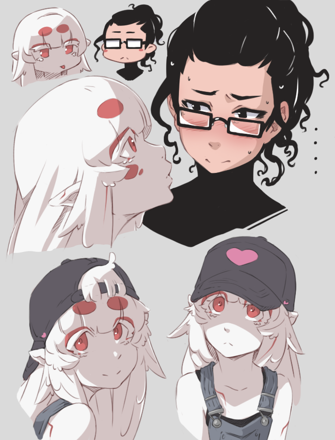 2girls ad-6-0001a alien baseball_cap black-framed_eyewear black_hair glasses grey_background hat long_hair monster_girl multiple_girls original petite-emi pointy_ears red_eyes short_hair simple_background smile tongue tongue_out white_hair white_skin yuri