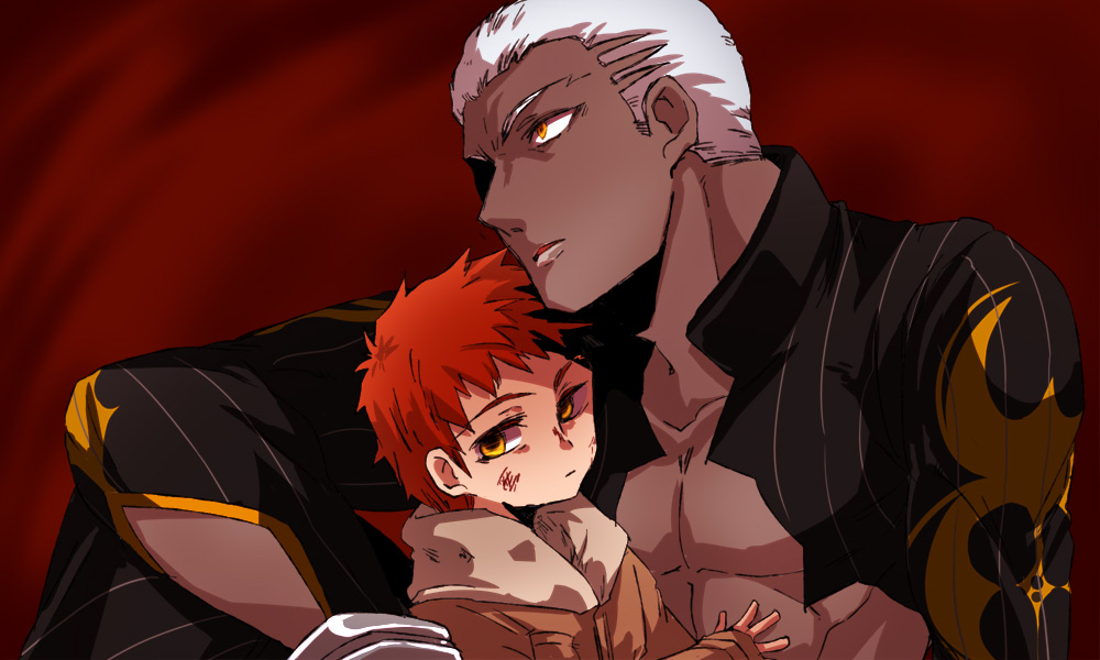 2boys coat dark_skin dark_skinned_male emiya_alter emiya_shirou fate/grand_order fate/stay_night fate_(series) mijinko_(83nabe) multiple_boys redhead white_hair yellow_eyes