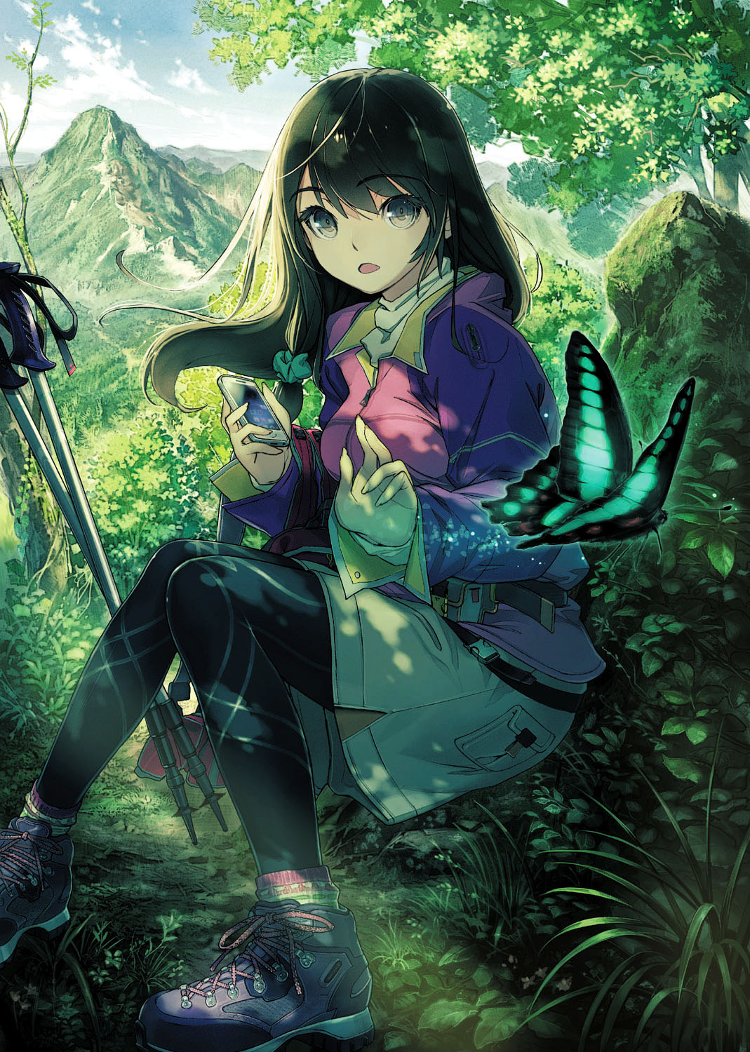 1girl belt black_hair black_legwear breasts butterfly cellphone eyebrows_visible_through_hair floating_hair forest grey_eyes grey_shorts highres holding iphone jacket layered_clothing light_particles light_rays long_hair moss mountain multiple_belts nature open_mouth original outdoors pantyhose path phone plant pocket purple_jacket purple_shoes road rock sanbasou scrunchie shirt shoelaces shoes shorts sitting sky smartphone sneakers socks socks_over_pantyhose sunbeam sunlight tree tripod turtleneck white_shirt zipper