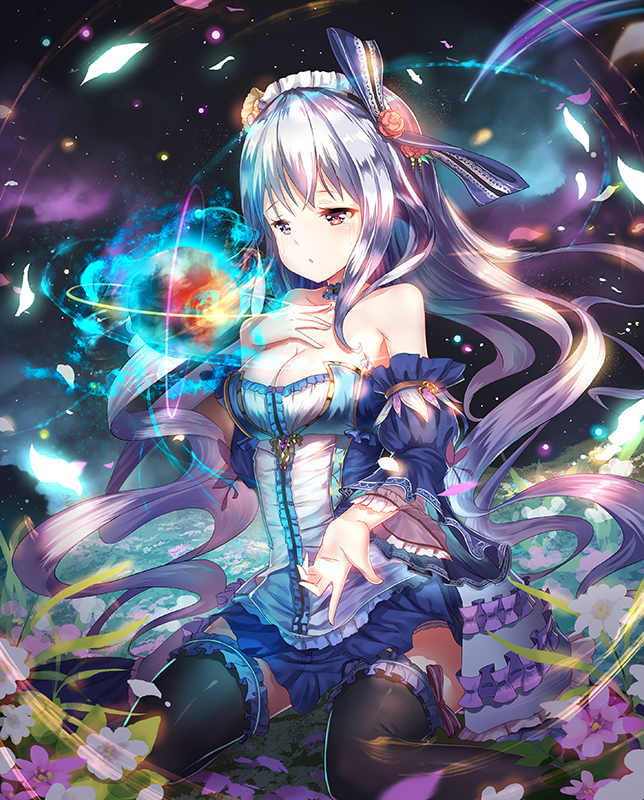 1girl armor aurora bangs bare_shoulders bikini_armor black_0_0p black_legwear blue_shirt blue_skirt bow breasts choker cleavage crying detached_sleeves field floating_hair flower flower_field frilled_choker frilled_legwear frilled_shirt frills gem hair_bow hair_flower hair_ornament half-closed_eyes hand_on_own_chest jewelry large_breasts layered_sleeves light_particles long_hair maid_headdress miniskirt night open_mouth original outdoors outstretched_hand overskirt panties panty_peek petals planet puffy_sleeves red_eyes rose sad shirt silver_hair sitting skirt sky solo star_(sky) strapless streaming_tears tears thigh-highs underwear very_long_hair wariza zettai_ryouiki