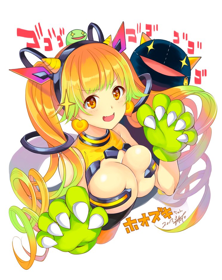 1girl black_hairband blonde_hair breasts character_name city_forest_online claws dated doll earrings flower_knight_girl gloves gradient_hair green_gloves green_hair hairband heart heart_earrings hoozuki_(flower_knight_girl) jewelry large_breasts long_hair looking_at_viewer multicolored_hair open_mouth orange_eyes orange_hair paw_pose shiny shiny_skin signature skindentation smile snake solo twintails upper_body white_background