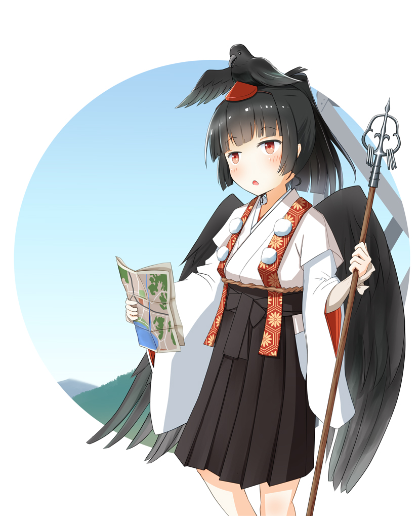 1girl animal animal_on_head bird bird_on_head black_hair black_wings blush commentary hakama_skirt hat map on_head open_mouth original raven red_eyes short_hair solo staff tamanoti tengu tokin_hat wings