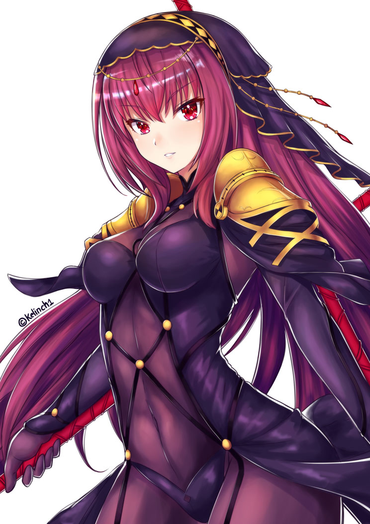 1girl armor bodysuit breasts covered_navel eyebrows_visible_through_hair fate/grand_order fate_(series) gae_bolg holding holding_weapon kelinch1 long_hair looking_at_viewer parted_lips pauldrons polearm purple_bodysuit purple_hair red_eyes scathach_(fate/grand_order) shoulder_armor simple_background solo spear twitter_username veil weapon white_background