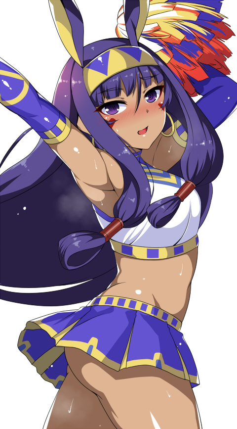 1girl alternate_costume arm_up armpits bare_shoulders black_gloves black_legwear black_scarf blush bouncing_breasts bracelet breasts cheerleader commentary_request dark_skin earrings egyptian egyptian_clothes elbow_gloves erect_nipples facial_mark fate/grand_order fate_(series) ganbare_ganbare_(itou_life) gloves hair_between_eyes hair_ornament hairband hands_up horosuke_(toot08) jewelry large_breasts long_hair looking_at_viewer midriff miniskirt navel nitocris_(fate/grand_order) open_mouth pom_poms ponytail purple_hair scarf shiny shiny_skin sidelocks simple_background skirt smile solo sweat thigh-highs very_long_hair violet_eyes white_background