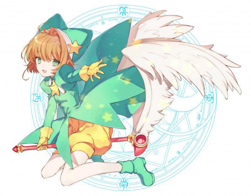 1girl angel_wings antenna_hair brown_hair card_captor_sakura full_body fuuin_no_tsue gloves green_eyes hat kinomoto_sakura magical_girl short short_hair smile solo wand white_background wings yasiromann