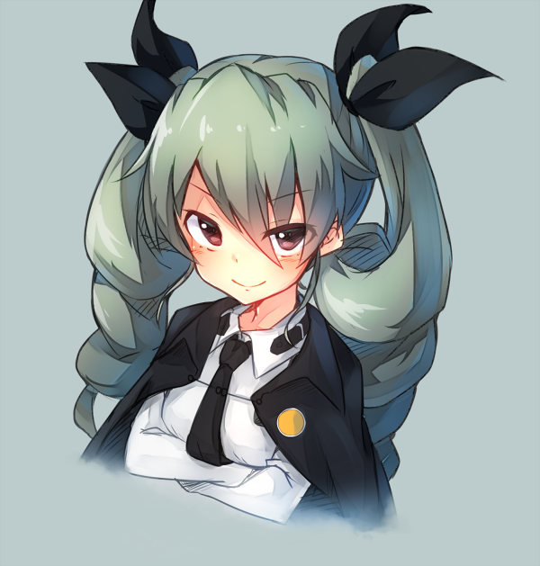 1girl anchovy anzio_school_uniform bangs black_necktie black_ribbon cape closed_mouth cropped_torso crossed_arms dress_shirt drill_hair girls_und_panzer green_hair grey_background hair_ribbon long_hair long_sleeves looking_at_viewer metindone necktie portrait red_eyes ribbon school_uniform shirt simple_background sketch smile solo twin_drills twintails white_shirt