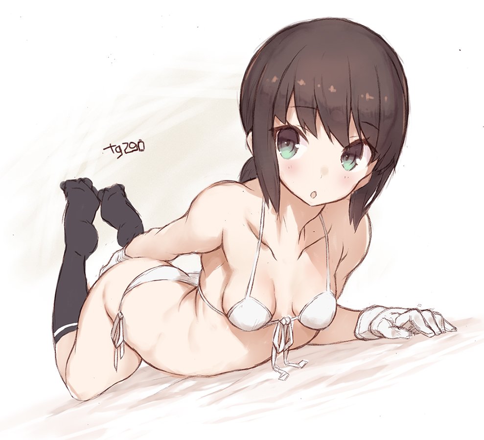 1girl bangs bikini black_hair black_legwear blush breasts cleavage collarbone commentary_request eyebrows_visible_through_hair front-tie_top fubuki_(kantai_collection) gloves goekawa green_eyes kantai_collection kneehighs lying on_stomach open_mouth ponytail short_ponytail side-tie_bikini sidelocks small_breasts solo swimsuit white_bikini white_gloves