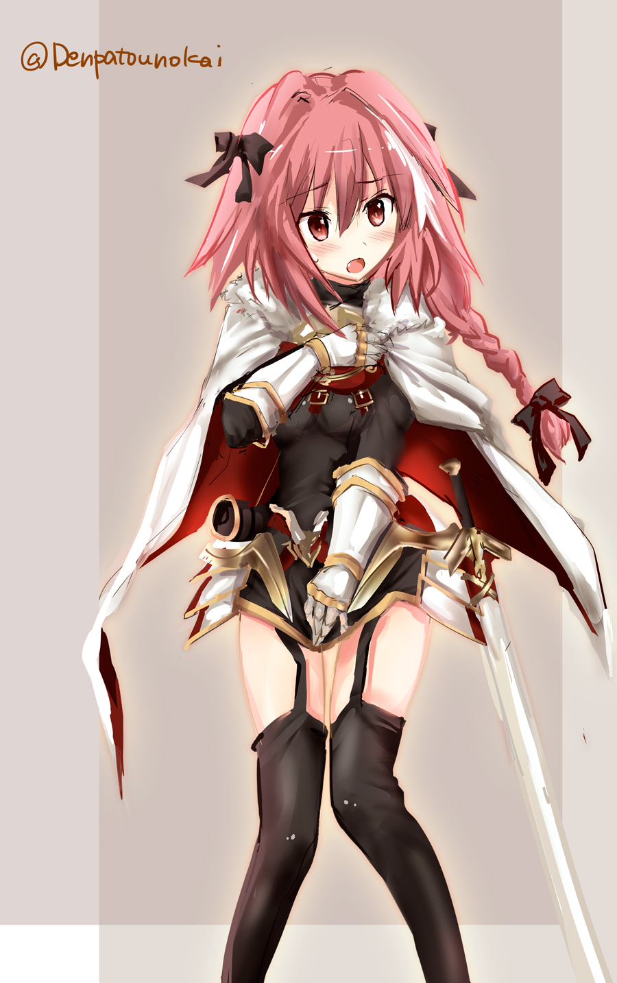 1boy black_legwear blush braid cape commentary_request fang fate/apocrypha fate_(series) garter_straps hair_ribbon highres kimura_shuuichi long_hair looking_at_viewer male_focus open_mouth pink_hair red_eyes ribbon rider_of_black single_braid solo standing sweatdrop thigh-highs trap twitter_username you're_doing_it_wrong