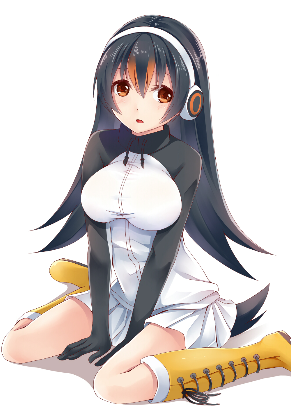 1girl between_legs black_gloves black_hair blush boots breasts brown_eyes commentary_request creek_(moon-sky) gentoo_penguin_(kemono_friends) gloves hair_between_eyes hand_between_legs headphones highres jacket kemono_friends large_breasts long_hair long_sleeves looking_at_viewer multicolored_hair pleated_skirt sitting skirt v_arms wariza white_skirt yellow_boots