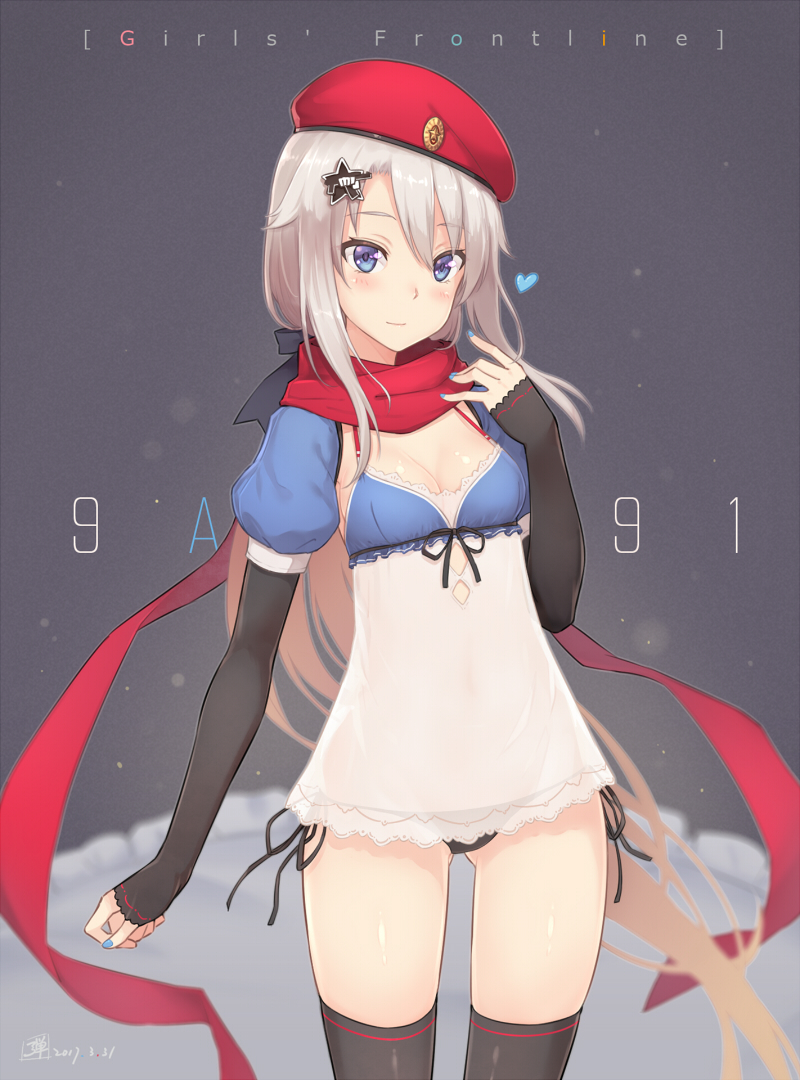 1girl 9a-91_(girls_frontline) adam700403 arm_warmers artist_name babydoll beret black_background black_legwear black_panties blue_eyes blue_nails blush closed_mouth copyright_name cowboy_shot dated girls_frontline gluteal_fold grey_hair hair_between_eyes hair_flaps hair_ornament hand_up hat heart light_smile long_hair military_hat nail_polish panties red_scarf scarf side-tie_panties signature silver_hair smile solo standing star star_hair_ornament thigh-highs thighs underwear very_long_hair