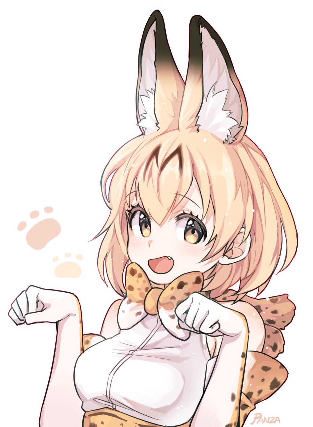 1girl :d animal_ears animal_print artist_name bangs bare_shoulders blonde_hair bow bowtie breasts brown_dress brown_gloves dress elbow_gloves eyebrows_visible_through_hair gloves hair_between_eyes hands_up high-waist_skirt highres kemono_friends looking_at_viewer medium_breasts open_mouth panza paw_pose paw_print serval_(kemono_friends) serval_ears serval_print shirt short_dress short_hair simple_background skirt sleeveless sleeveless_shirt smile solo upper_body white_background white_gloves white_shirt yellow_eyes