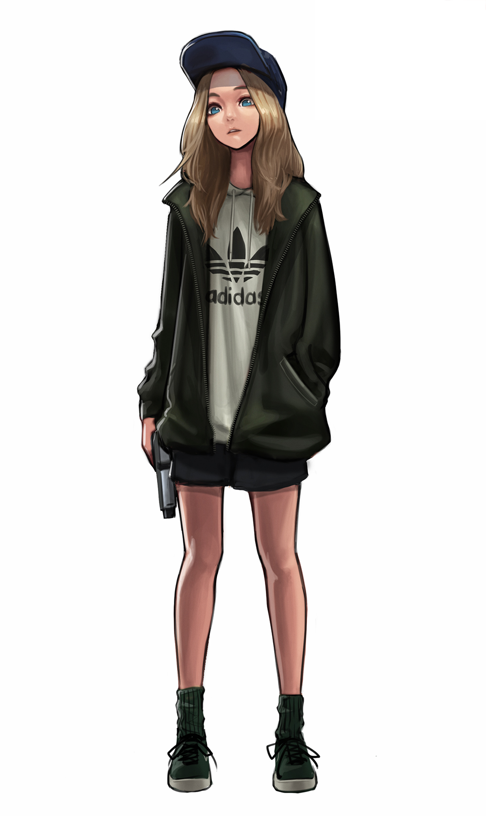 1girl adidas arm_at_side baseball_cap black_ribbon black_shorts blonde_hair blue_eyes blue_hat clothes_writing drawstring expressionless full_body green_jacket green_legwear green_shoes gun hand_in_pocket handgun hat highres holding holding_gun holding_weapon jacket jungon_kim long_hair long_sleeves no_pupils open_clothes open_jacket open_mouth original pistol pocket ribbon shiny shiny_hair shoe_ribbon shoes shorts simple_background socks solo standing striped striped_legwear sweater unzipped weapon white_background white_sweater