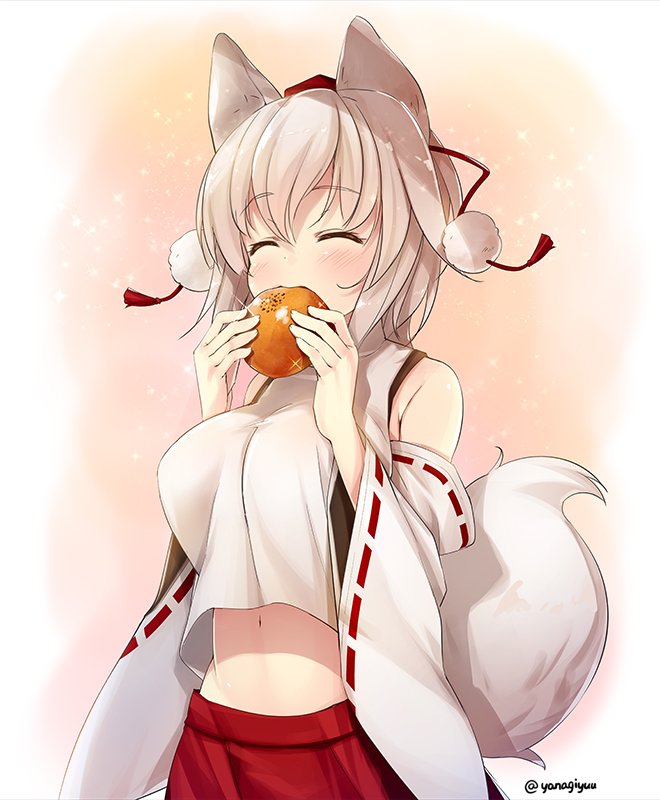 1girl animal_ears bangs blush bread breasts closed_eyes commentary_request detached_sleeves eating food hat holding inubashiri_momiji large_breasts midriff navel pom_pom_(clothes) red_skirt ribbon-trimmed_sleeves ribbon_trim skirt smile solo tail tokin_hat touhou twitter_username white_hair wide_sleeves wolf_ears wolf_tail yanagi_yuu