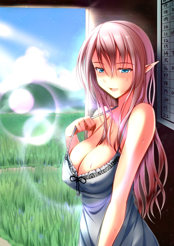 1girl blue_eyes blush breasts calendar_(object) cleavage collarbone day dress elf erect_nipples from_side kuurunaitsu large_breasts long_hair looking_at_viewer looking_to_the_side original parted_lips pointy_ears pulled_by_self purple_hair rice_paddy smile solo strap_pull sundress sunlight sweat upper_body white_dress