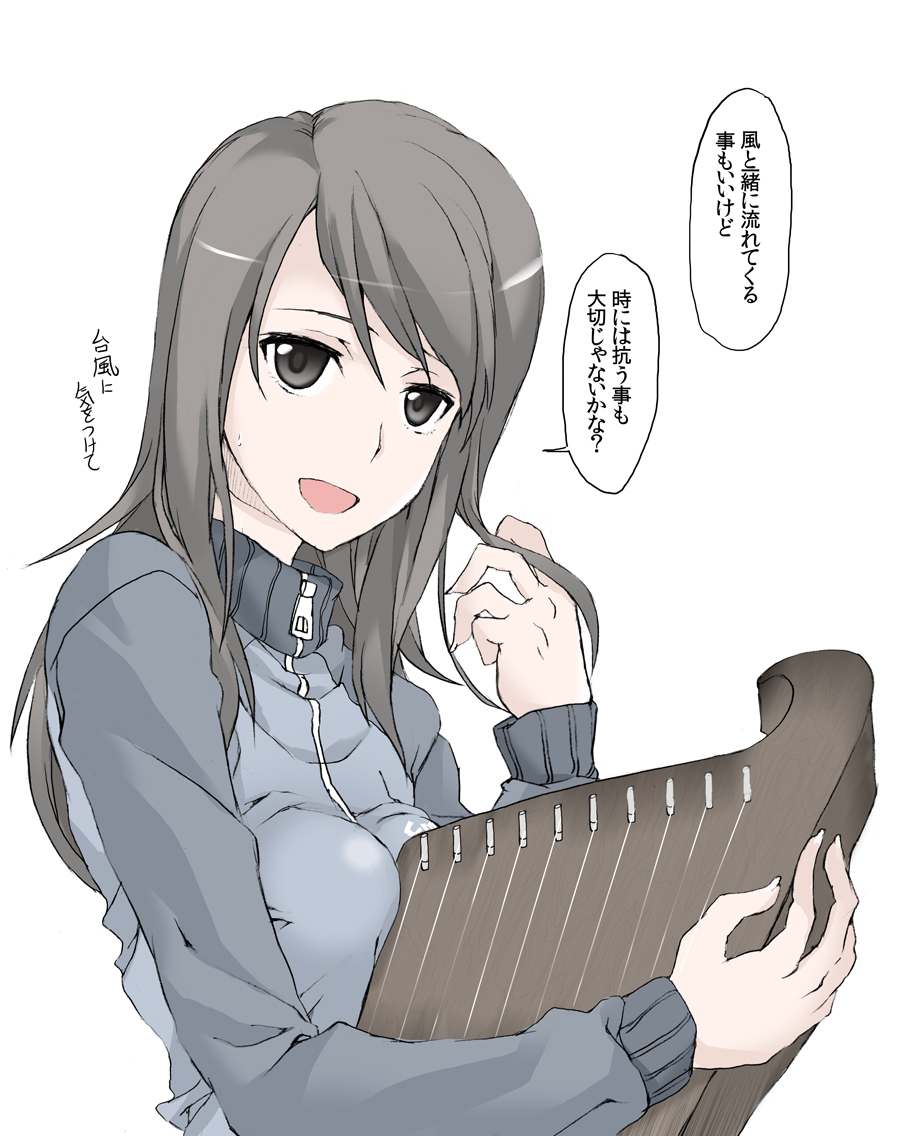 1girl :d brown_eyes brown_hair elf_(stroll_in_the_woods) girls_und_panzer hand_in_hair instrument_request long_hair looking_at_viewer mika_(girls_und_panzer) open_mouth sketch smile solo translation_request upper_body zipper
