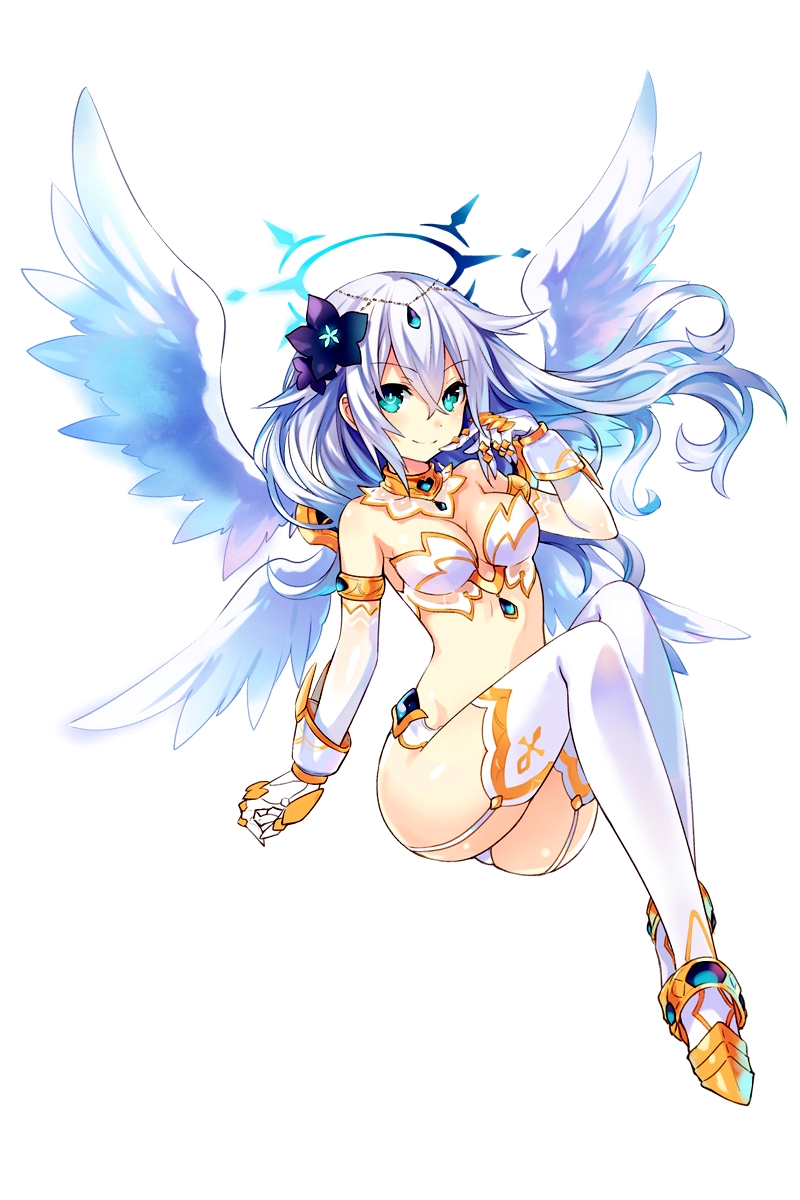1girl angel_wings aqua_eyes bare_shoulders black_heart breasts choujigen_game_neptune cleavage collar elbow_gloves flower four_goddesses_online:_cyber_dimension_neptune gloves hair_flower hair_ornament halo highres jewelry long_hair looking_at_viewer medium_breasts midriff navel neptune_(series) noire official_art power_symbol simple_background smile solo thigh-highs tsunako white_background white_hair wings