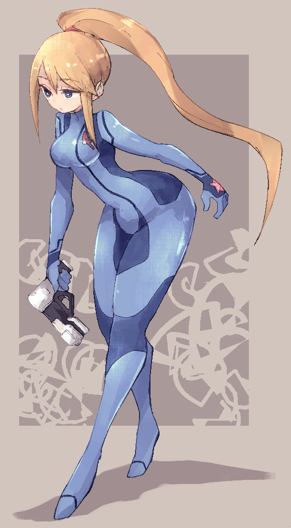 1girl blonde_hair blue_eyes breasts full_body gun lamb-oic029 long_hair looking_at_viewer metroid mole ponytail samus_aran solo weapon zero_suit