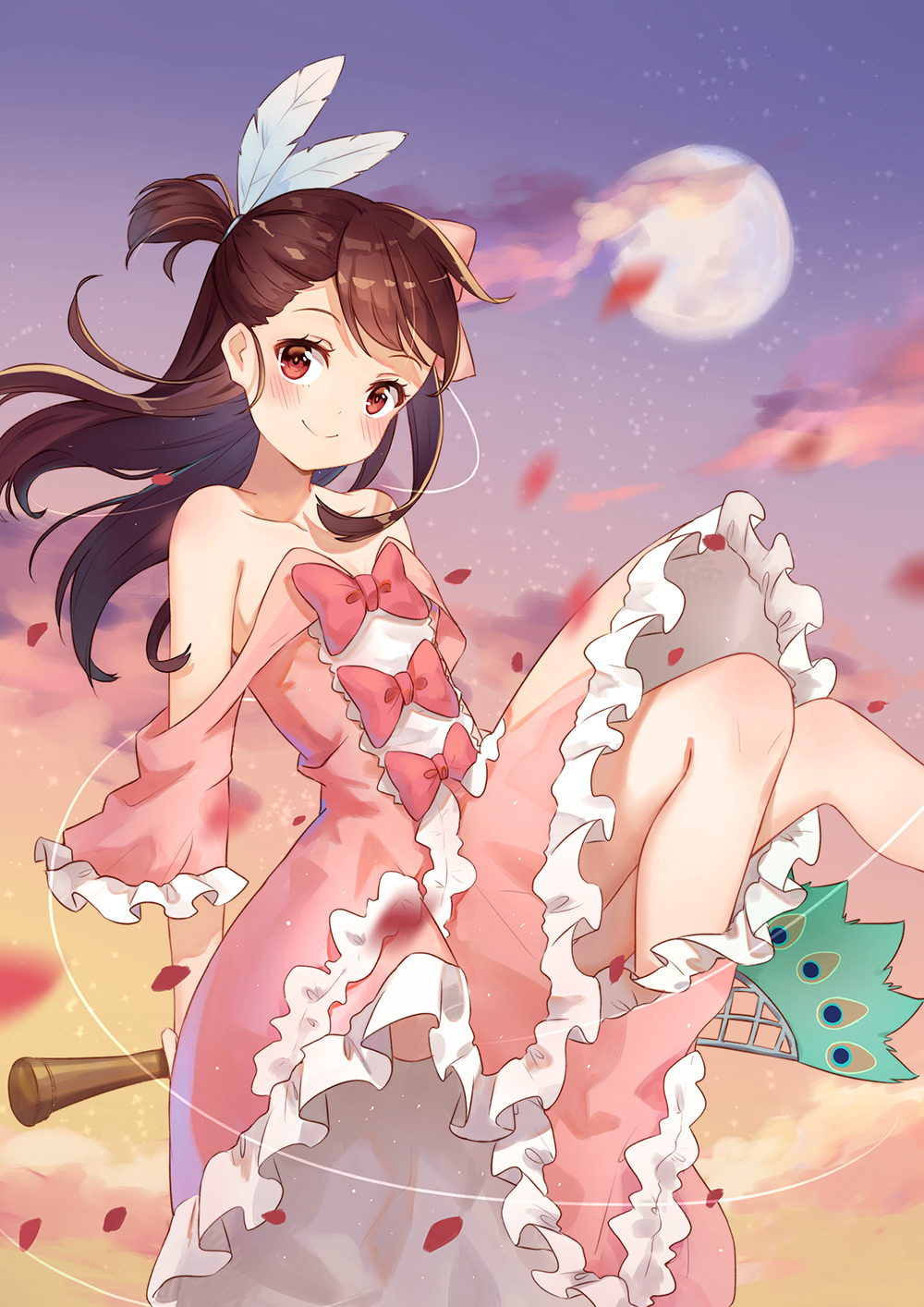 1girl bare_legs bare_shoulders bent_knees bow broom broom_riding brown_hair closed_mouth clouds dress feathers frilled_dress frilled_sleeves frills full_moon hair_bow highres kagari_atsuko little_witch_academia long_hair moon petals pink_bow pink_dress red_eyes side_ponytail smile solo star_(sky) wind yuhuan