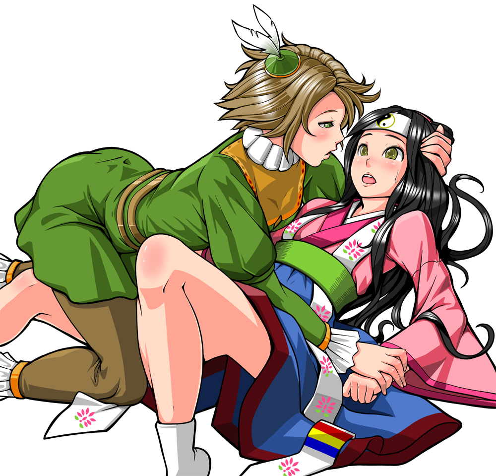 2girls black_hair blue_skirt blush brown_hair collar daikoukai_jidai_iv dress emil_(fafa) eye_contact frilled_collar frills green_dress green_eyes hat headband holding_hand holding_head japanese_clothes legs_apart long_hair looking_at_another multiple_girls open_mouth short_hair sitting skirt socks sweatdrop wide_sleeves yin_yang yuri