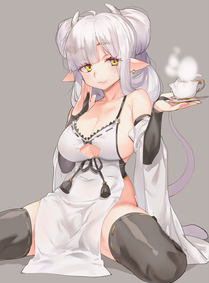 1girl bare_shoulders black_legwear breasts bridal_gauntlets cleavage cup earrings jewelry large_breasts light_smile long_hair looking_at_viewer mole mole_under_mouth naso4 parted_lips pointy_ears silver_hair sitting smile solo teacup thigh-highs wariza yellow_eyes