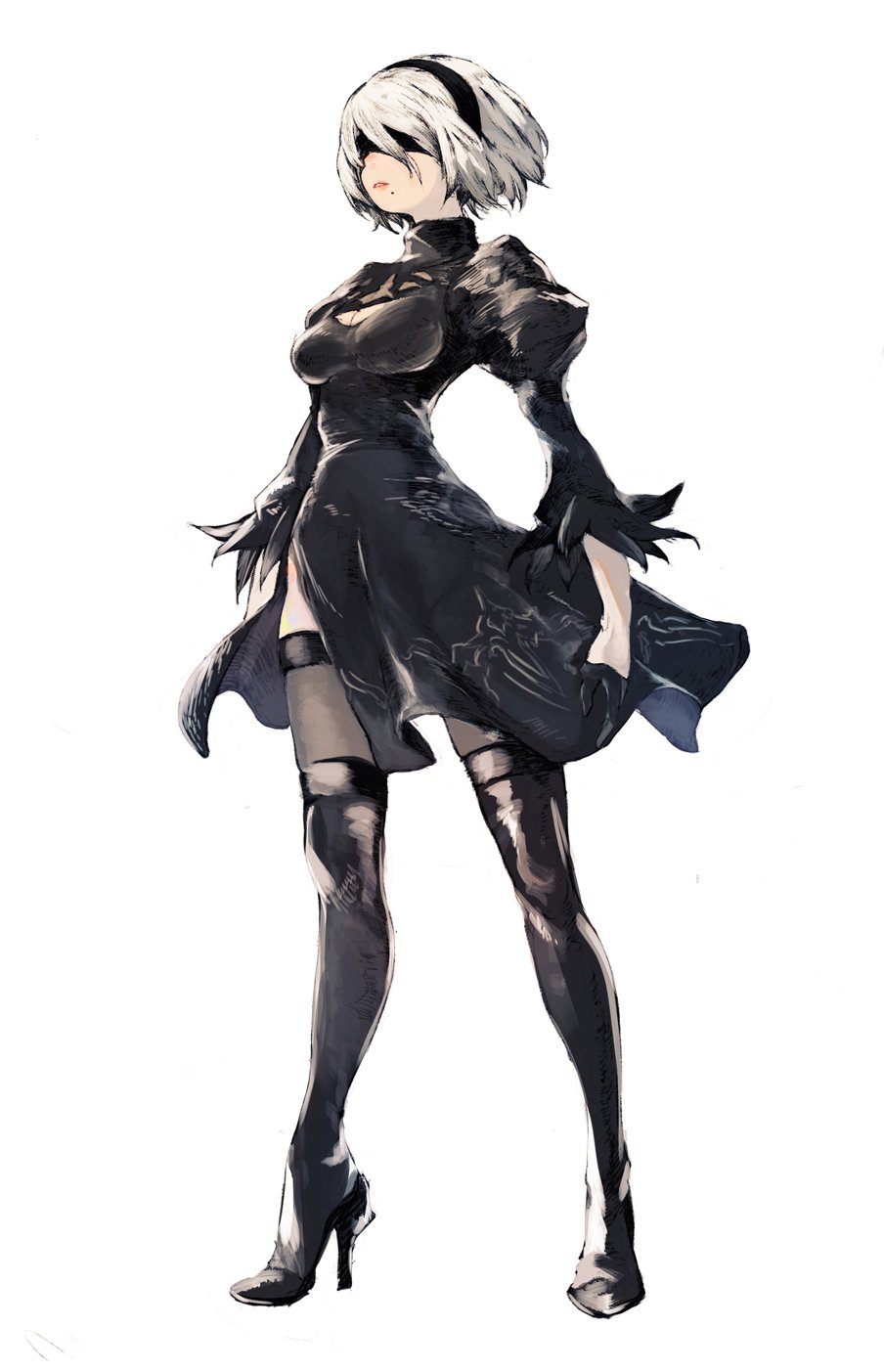 blindfold boots cleavage_cutout gloves hairband high_heel_boots high_heels highres mole mole_under_mouth nier_(series) nier_automata nuko-d silver_hair skirt thigh-highs thigh_boots yorha_no._2_type_b