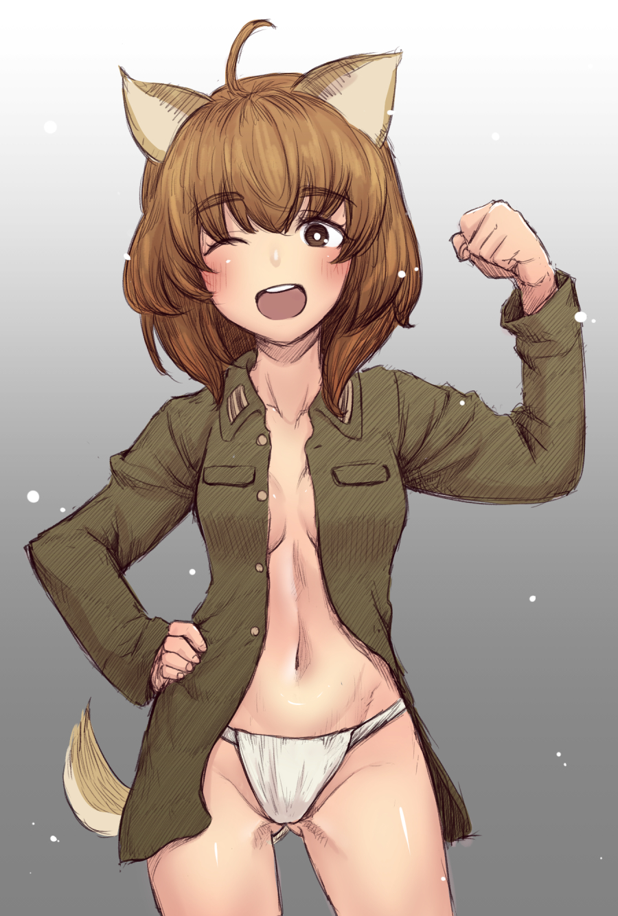 1girl ahoge animal_ears blush breasts brown_eyes brown_hair dog_ears dog_tail fundoshi gluteal_fold grey_background groin hand_on_hip highres inufusa_yuno japanese_clothes liar_lawyer looking_at_viewer midriff military military_uniform navel one_eye_closed open_clothes open_mouth open_shirt shirt short_hair simple_background sketch smile solo strike_witches tail uniform world_witches_series