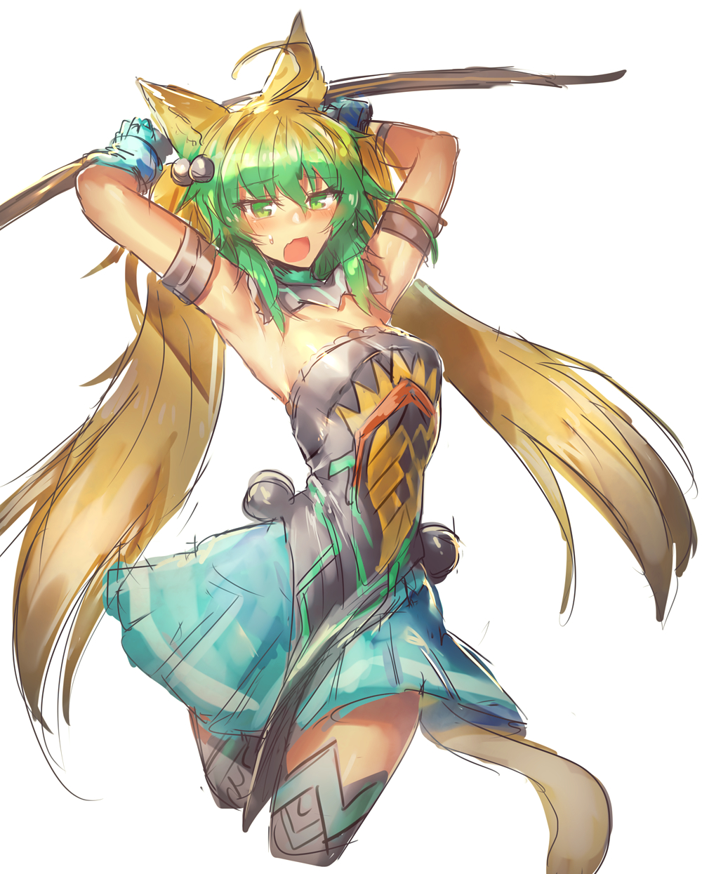 1girl animal_ears archer_of_red armpits bare_shoulders blonde_hair blush bow_(weapon) cat_ears cat_tail dress fate/apocrypha fate_(series) flat_chest green_eyes green_hair hair_ribbon highres long_hair looking_at_viewer melon22 multicolored_hair open_mouth ribbon simple_background solo tail thigh-highs twintails wavy_mouth weapon white_background