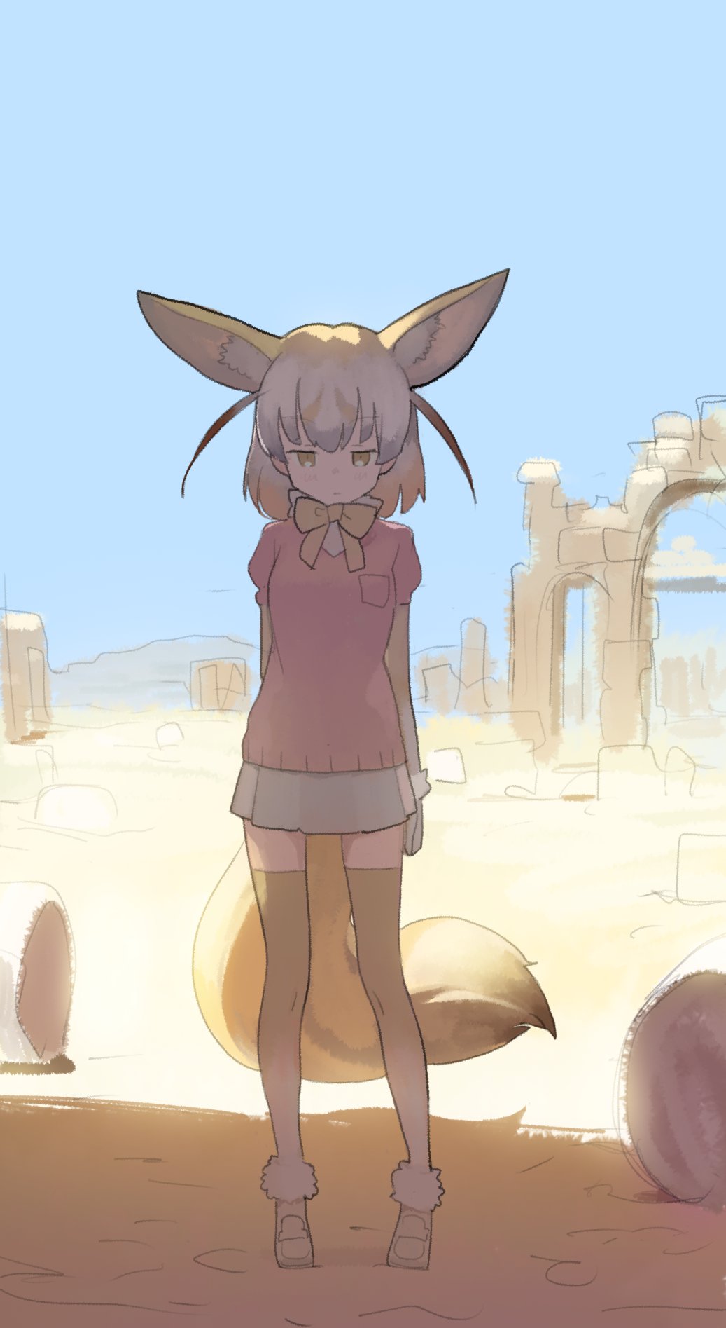 1girl animal_ears blonde_hair blue_sky blush bow bowtie breast_pocket brown_eyes day do_re_mi eyebrows_visible_through_hair fennec_(kemono_friends) fox_ears fox_tail full_body gradient half-closed_eyes highres kemono_friends looking_at_viewer multicolored_hair outdoors pleated_skirt pocket puffy_short_sleeves puffy_sleeves shadow short_sleeves skirt sky solo standing sweater_vest tail thigh-highs two-tone_hair