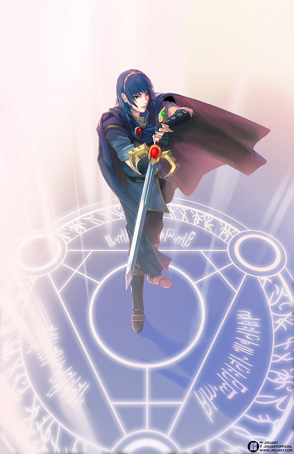 1boy armor blue_eyes blue_hair cape falchion_(fire_emblem) fire_emblem fire_emblem:_mystery_of_the_emblem full_body gloves jisuart looking_at_viewer male_focus marth short_hair sword tiara weapon