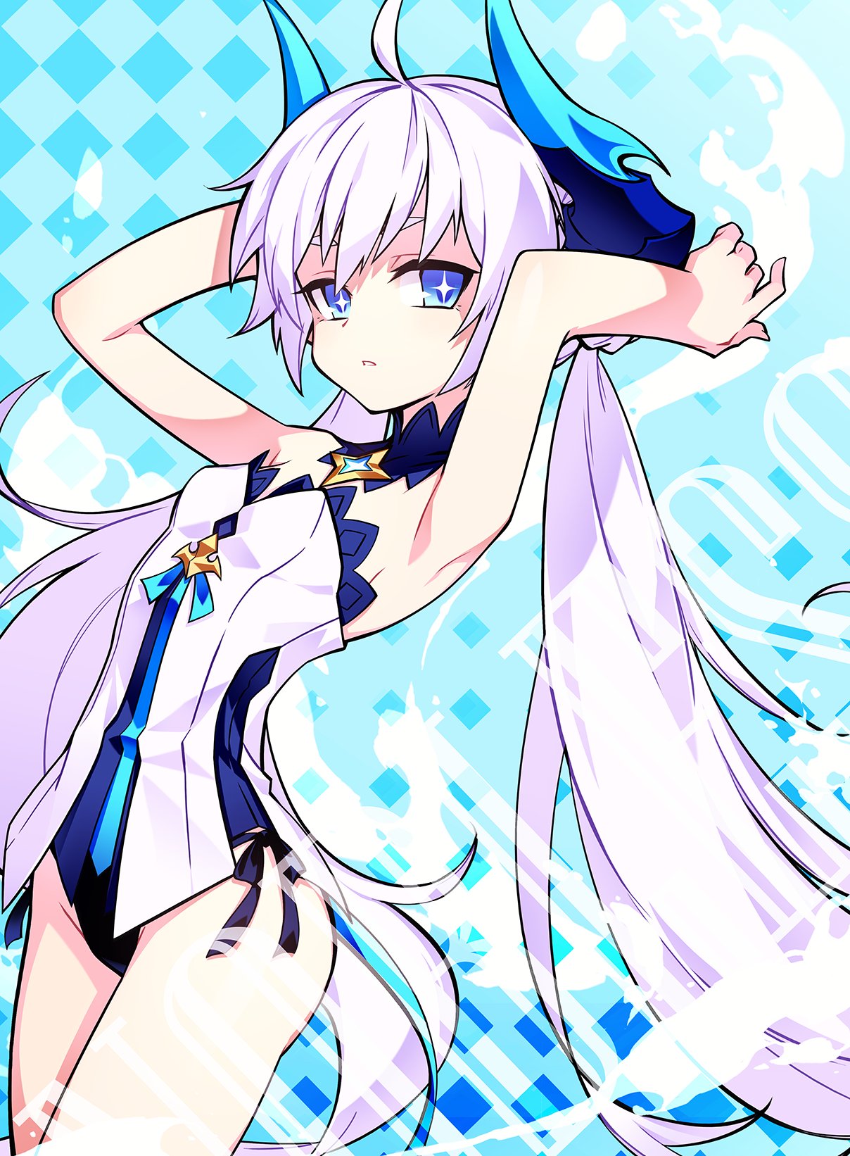+_+ 1girl ahoge armpits arms_behind_back arms_up bangs bare_arms bare_shoulders black_panties blue_eyes bow braid breasts chains cowboy_shot detached_collar dress elsword feet french_braid highres horns hwansang jewelry leotard long_hair looking_at_viewer low_twintails luciela_r._sourcream noblesse_(elsword) panties parted_lips pointy_ears side-tie_panties small_breasts solo standing strapless strapless_leotard symbol-shaped_pupils twintails underwear very_long_hair white_hair