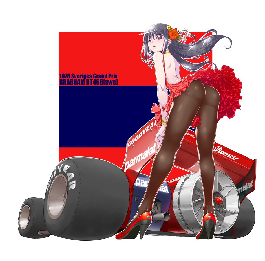 1girl akemi_homura akuma_homura arched_back ass backless_dress backless_outfit bare_back bare_shoulders bent_over black_hair car commentary_request dress formula_one frilled_dress from_behind from_below full_body ground_vehicle hands_on_own_thighs high_heels karappa long_hair looking_at_viewer looking_back mahou_shoujo_madoka_magica mahou_shoujo_madoka_magica_movie motor_vehicle no_panties open-back_dress open_mouth pantyhose red_dress shiny shiny_hair solo text thighband_pantyhose upskirt vehicle violet_eyes