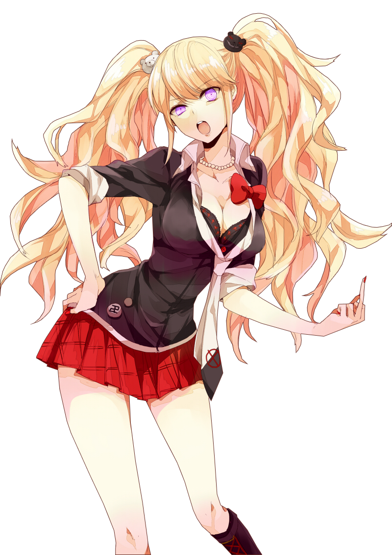 1girl blonde_hair boots bow_tie dangan_ronpa enoshima_junko hand_on_hip middle_finger nail_polish necklace necktie open_mouth open_shirt painted_nails purple_eyes skirt solo tagme transparent_background very_long_hair wavy_hair