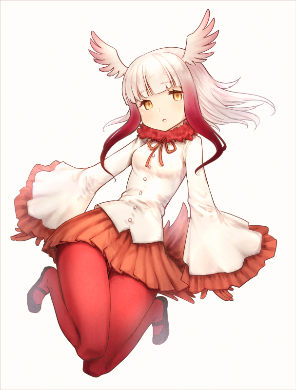 1girl bangs black_shoes blunt_bangs buttons commentary_request crested_ibis_(kemono_friends) fur_collar gloves head_wings kemono_friends long_hair long_sleeves looking_at_viewer miniskirt multicolored_hair pantyhose pleated_skirt po_ni red_gloves red_legwear red_skirt redhead shirt shoes sidelocks simple_background skirt solo two-tone_hair white_background white_hair white_shirt wide_sleeves yellow_eyes