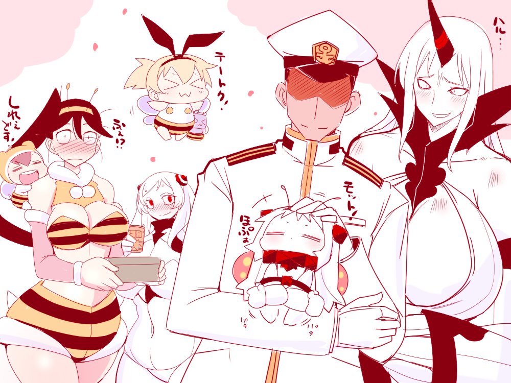 &gt;_&lt; 1boy 6+girls admiral_(kantai_collection) antennae bee_costume bikini_bottom bikini_top black_hair blonde_hair blush breasts brown_hair chibi claws cleavage_cutout closed_eyes collar comic commentary_request detached_sleeves dress embarrassed epaulettes fake_wings hairband hat hidden_eyes high_collar horn horns houshou_hanon huge_breasts kantai_collection large_breasts long_hair long_sleeves midway_hime military military_hat military_uniform multiple_girls northern_ocean_hime open_mouth peaked_cap petting pink_background ponytail rensouhou-chan sako_(bosscoffee) sanpaku seaport_water_oni shimakaze_(kantai_collection) short_hair shorts sweater sweater_dress translation_request uniform white_background white_hair wide_sleeves wings yukikaze_(kantai_collection)