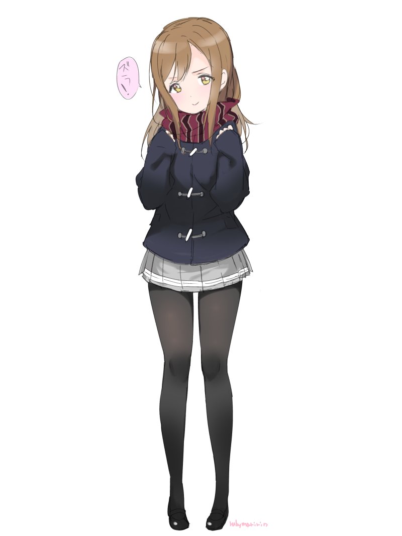 &gt;:) 1girl bangs black_legwear black_shoes brown_hair closed_mouth duffel_coat full_body grey_skirt hands_up kunikida_hanamaru loafers long_hair looking_at_viewer love_live! love_live!_sunshine!! mari_(rubymaririn) pantyhose pleated_skirt red_scarf scarf school_uniform shoes simple_background skirt sleeves_past_wrists smile smug solo speech_bubble standing striped striped_scarf swept_bangs twitter_username white_background yellow_eyes zura_(phrase)