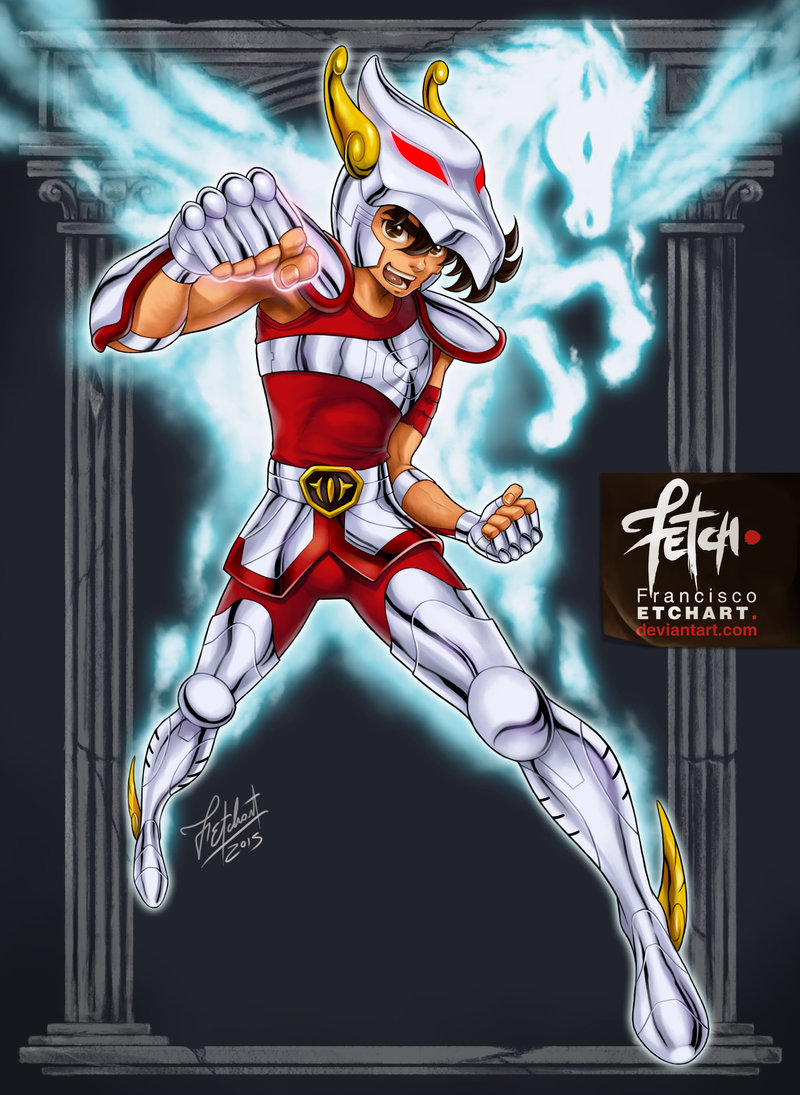1boy 2015 arm_guards armband armor belt boots brown_eyes brown_hair clenched_hands dated deviantart_username energy fighting_stance fingerless_gloves franciscoetchart gloves glowing helmet looking_at_viewer official_style pegasus pegasus_seiya saint_seiya tank_top uniform watermark web_address