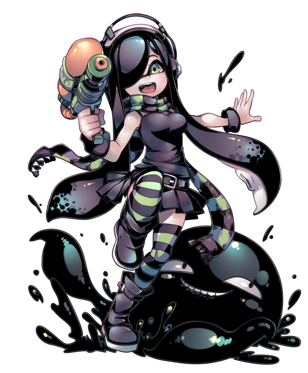 1girl :d aria_wintermint bare_shoulders belt black_boots black_hair black_legwear black_scarf boots commentary cosplay domino_mask green_eyes green_legwear green_scarf gug hair_over_one_eye highres inkling inkling_(cosplay) long_hair mask maximiliano_cabrera open_mouth paint_splatter scarf simple_background smile smirk splatoon splattershot_(splatoon) standing standing_on_one_leg striped striped_legwear striped_scarf super_soaker tentacle_hair the_crawling_city thigh-highs weapon white_background zettai_ryouiki